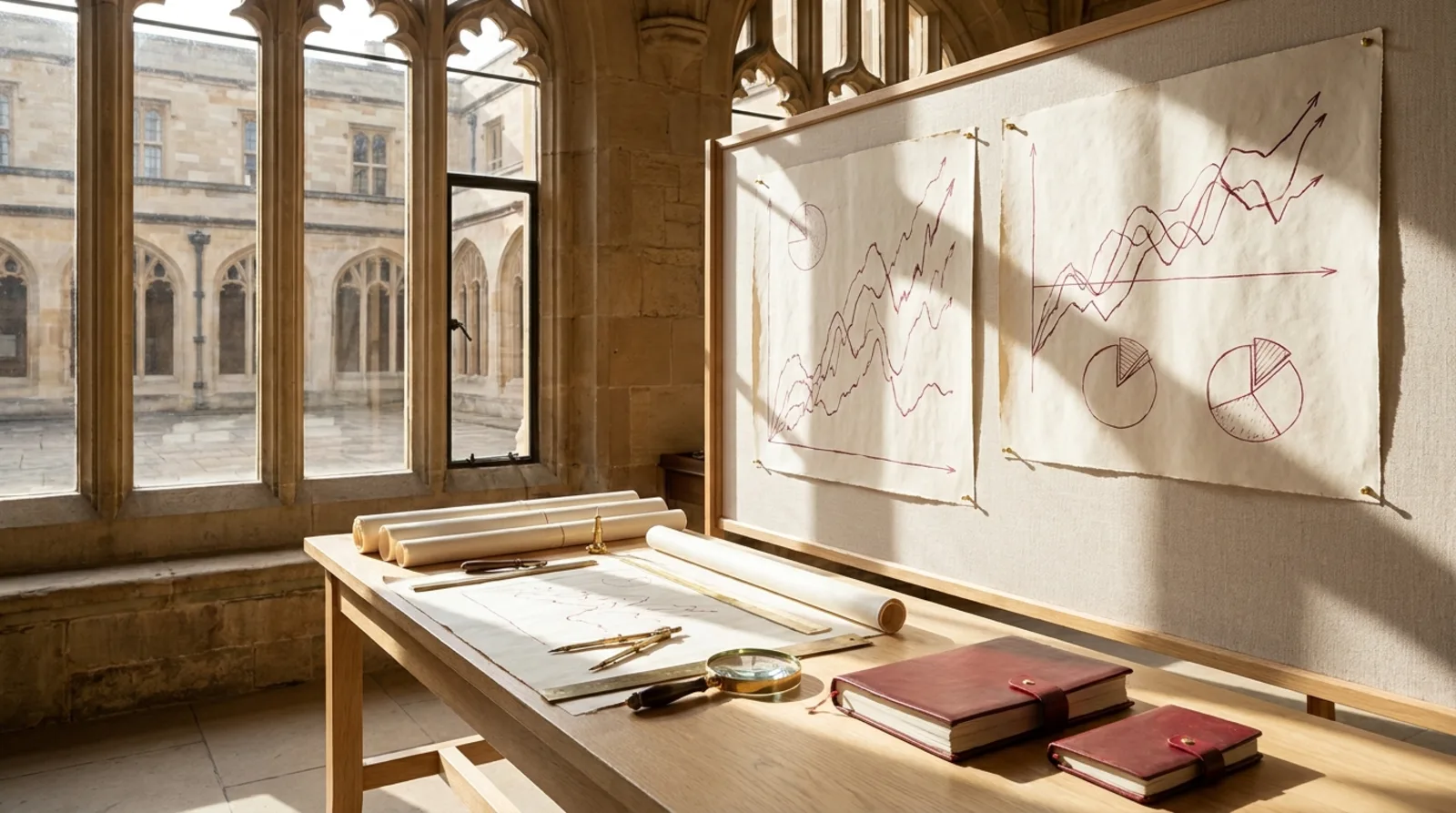 A charting desk with ivory paper charts, hand-drawn crimson trend lines and brass drawing instruments
