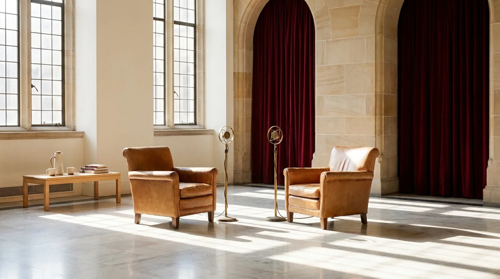 Two empty leather armchairs facing each other with brass microphones in a sandstone alcove