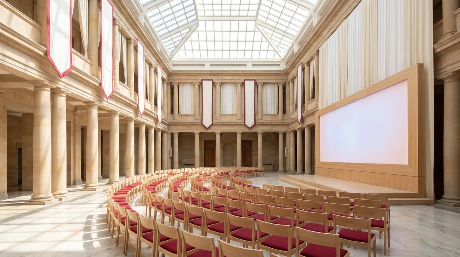A bright sandstone hall set with pale timber chairs with crimson cushions facing a softly glowing screen