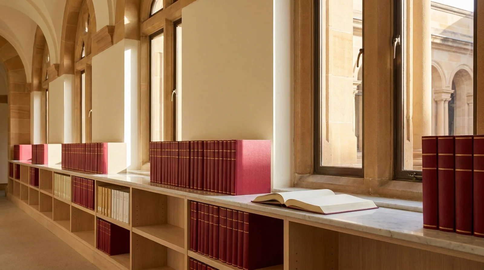 A gallery shelf of crimson cloth-bound report volumes with gold-edged spines