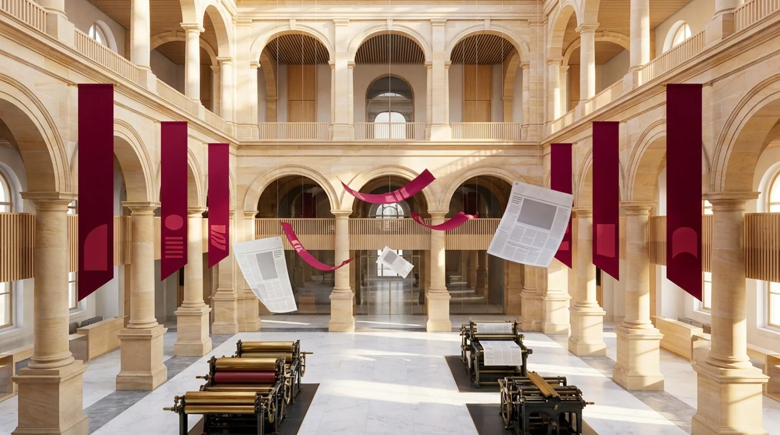 The Newsroom Atrium - a bright press hall with brass printing rollers, suspended broadsheets and crimson masthead banners