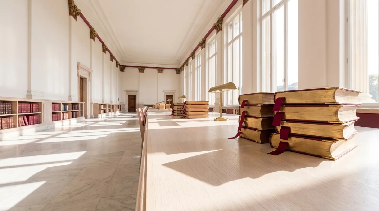A regulatory reading desk with bound legislation volumes and crimson bookmarks