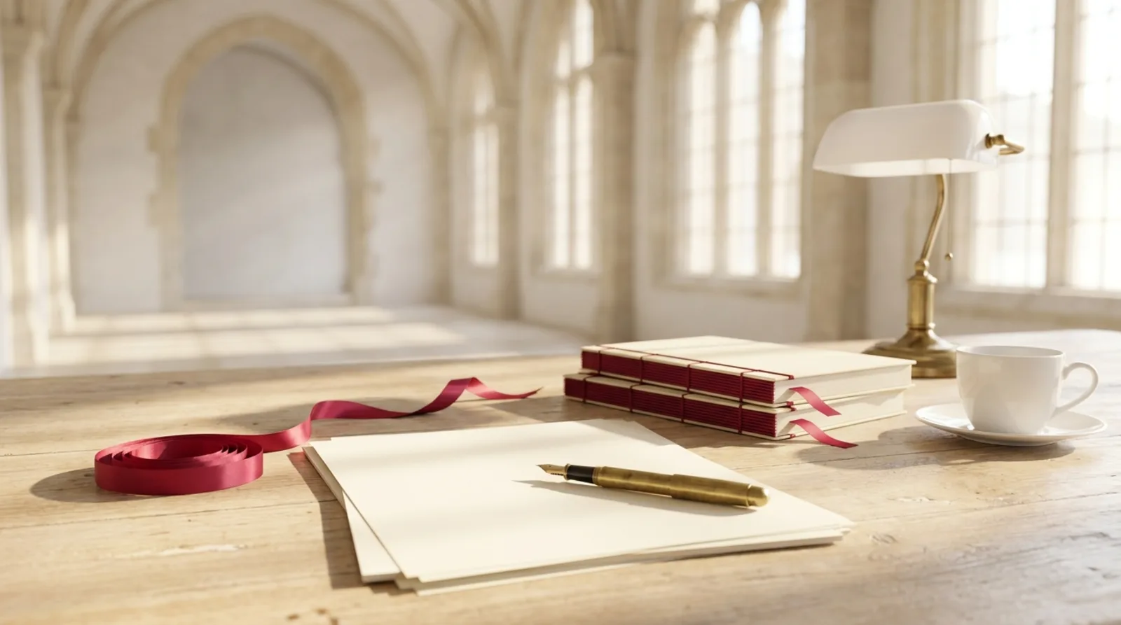 An editorial writing desk with a fountain pen, ivory manuscript pages, crimson ribbon bookmarks and a brass lamp